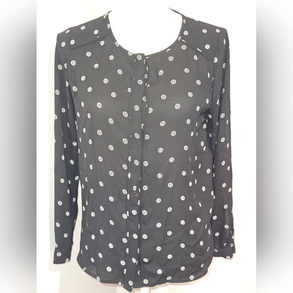 LOFT Polka Dot Print Sheer Long Sleeve Dressy Blouse Womens Size XS Petite